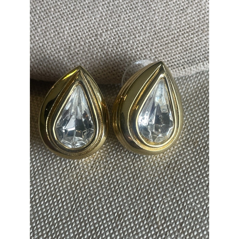 Givenchy Vintage Gold Tone Teardrop Large Rhinestone Stud Earrings Classy - Picture 1 of 6